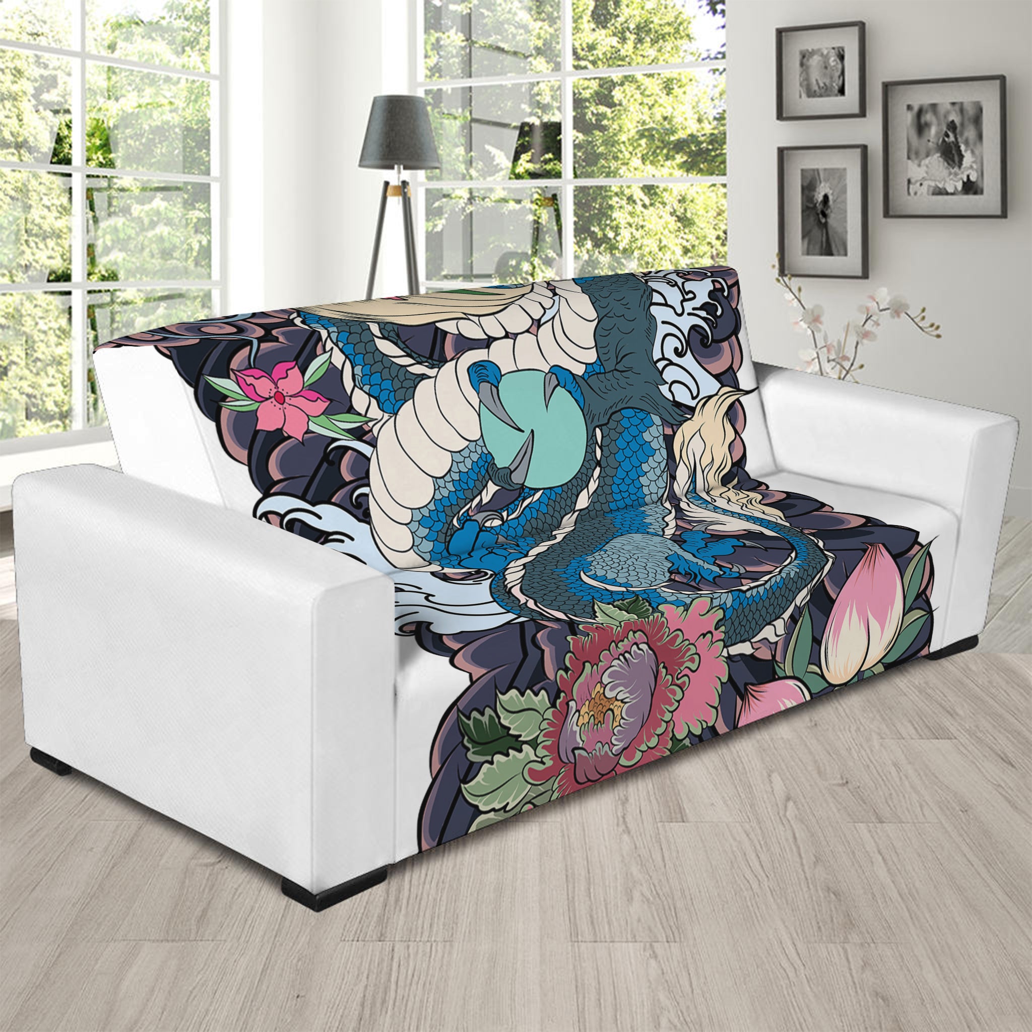 Blue Japanese Dragon Tattoo Print Sofa Slipcover