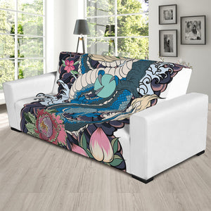 Blue Japanese Dragon Tattoo Print Sofa Slipcover