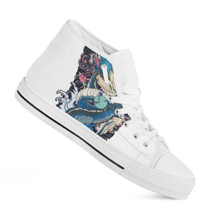 Blue Japanese Dragon Tattoo Print White High Top Shoes