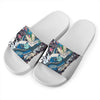 Blue Japanese Dragon Tattoo Print White Slide Sandals