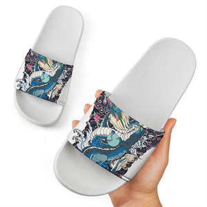 Blue Japanese Dragon Tattoo Print White Slide Sandals