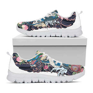 Blue Japanese Dragon Tattoo Print White Sneakers