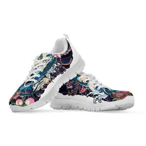 Blue Japanese Dragon Tattoo Print White Sneakers