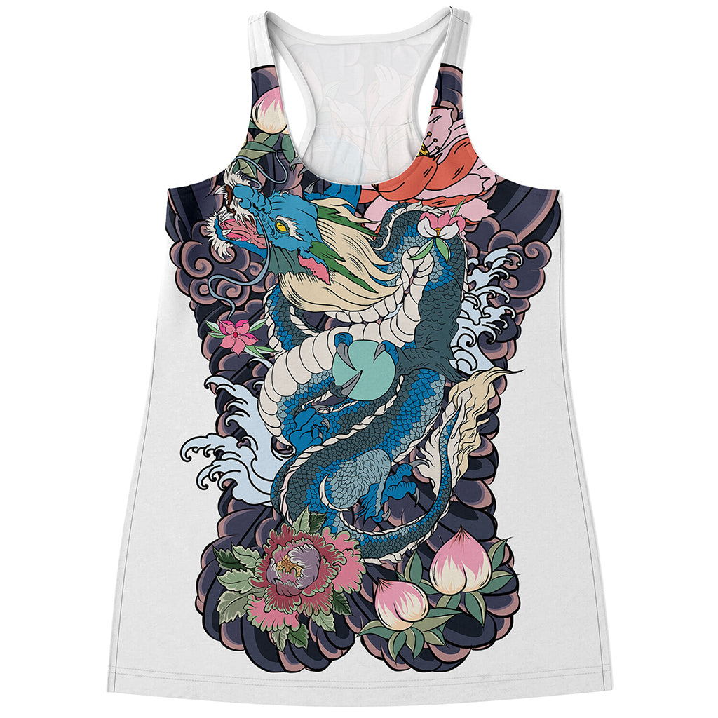 Blue Japanese Dragon Tattoo Print Women's Racerback Tank Top