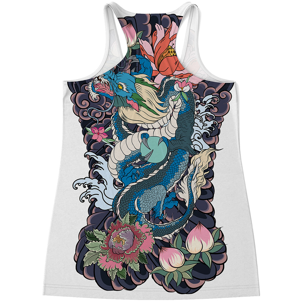 Blue Japanese Dragon Tattoo Print Women's Racerback Tank Top