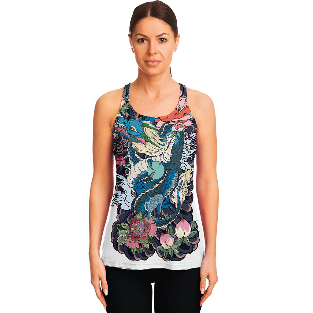 Blue Japanese Dragon Tattoo Print Women's Racerback Tank Top