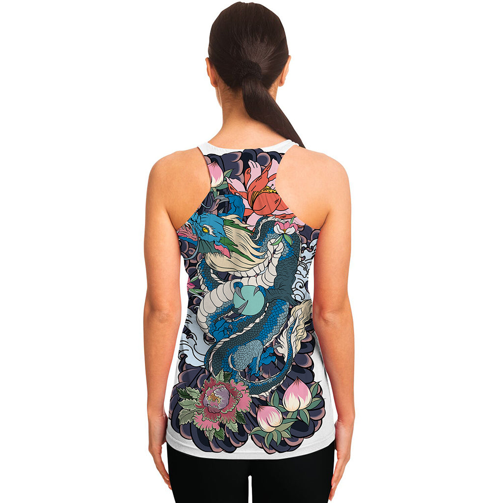 Blue Japanese Dragon Tattoo Print Women's Racerback Tank Top