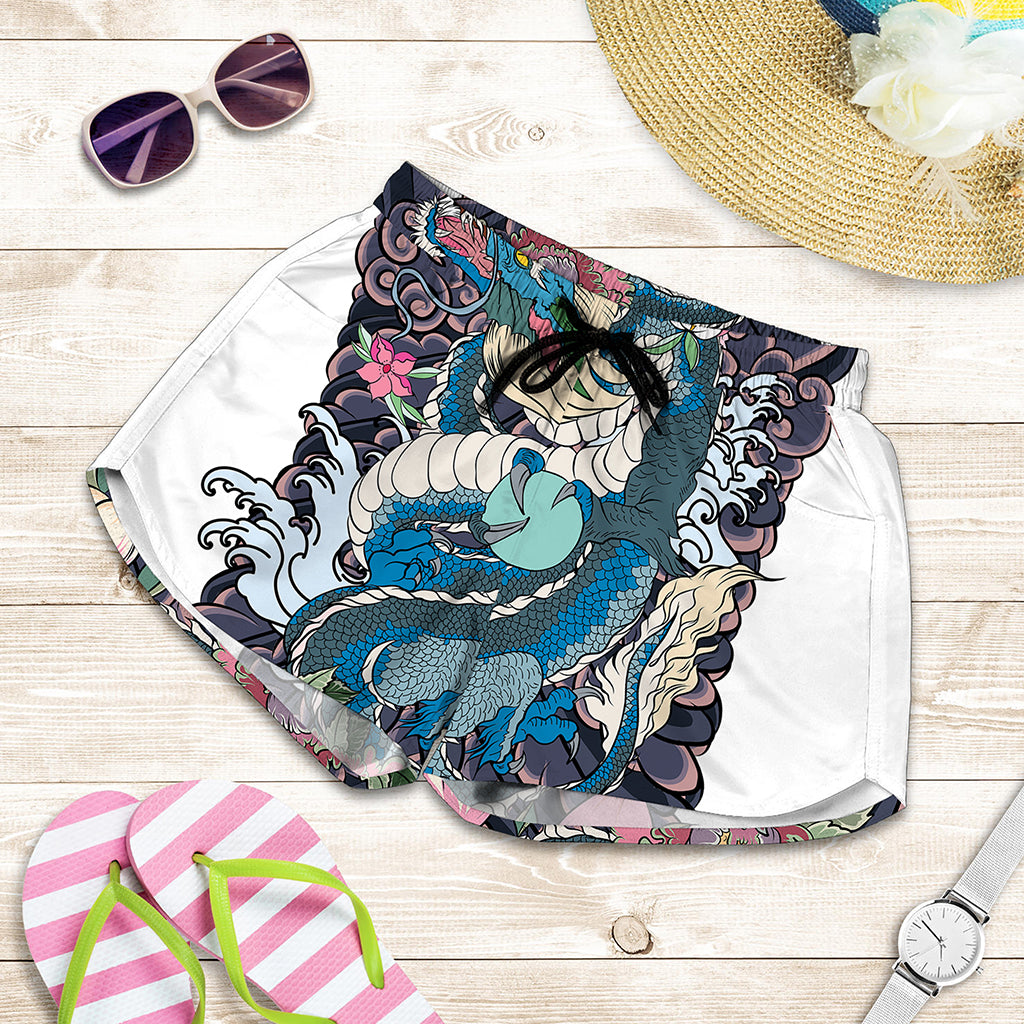 Blue Japanese Dragon Tattoo Print Women's Shorts