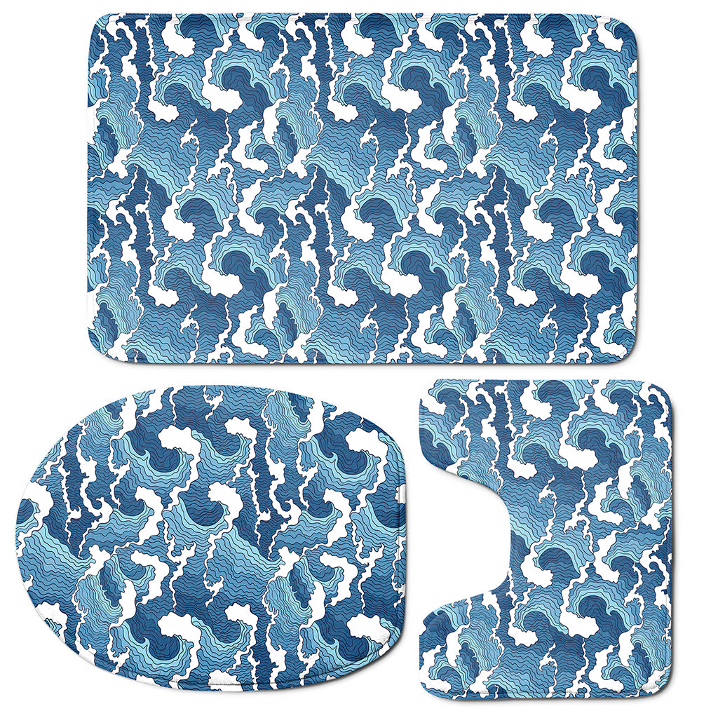 Blue Japanese Wave Pattern Print 3 Piece Bath Mat Set