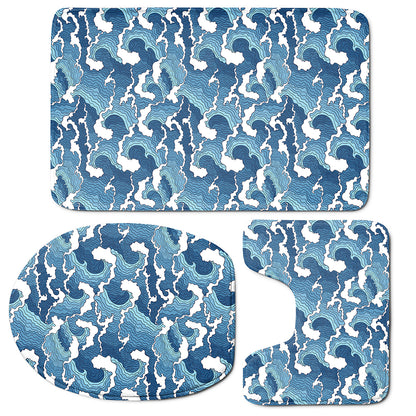 Blue Japanese Wave Pattern Print 3 Piece Bath Mat Set