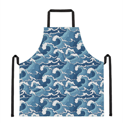 Blue Japanese Wave Pattern Print Apron
