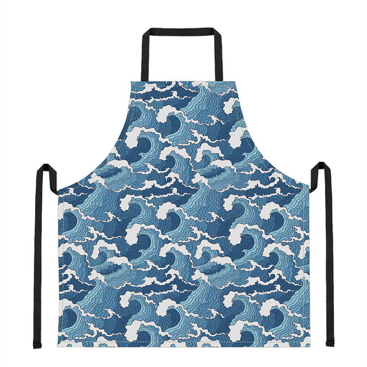 Blue Japanese Wave Pattern Print Apron