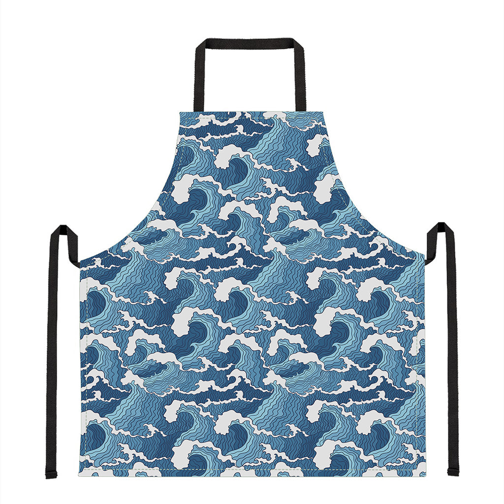 Blue Japanese Wave Pattern Print Apron