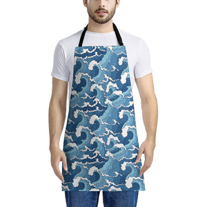 Blue Japanese Wave Pattern Print Apron