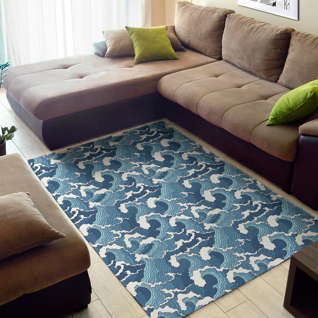 Blue Japanese Wave Pattern Print Area Rug