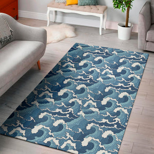 Blue Japanese Wave Pattern Print Area Rug