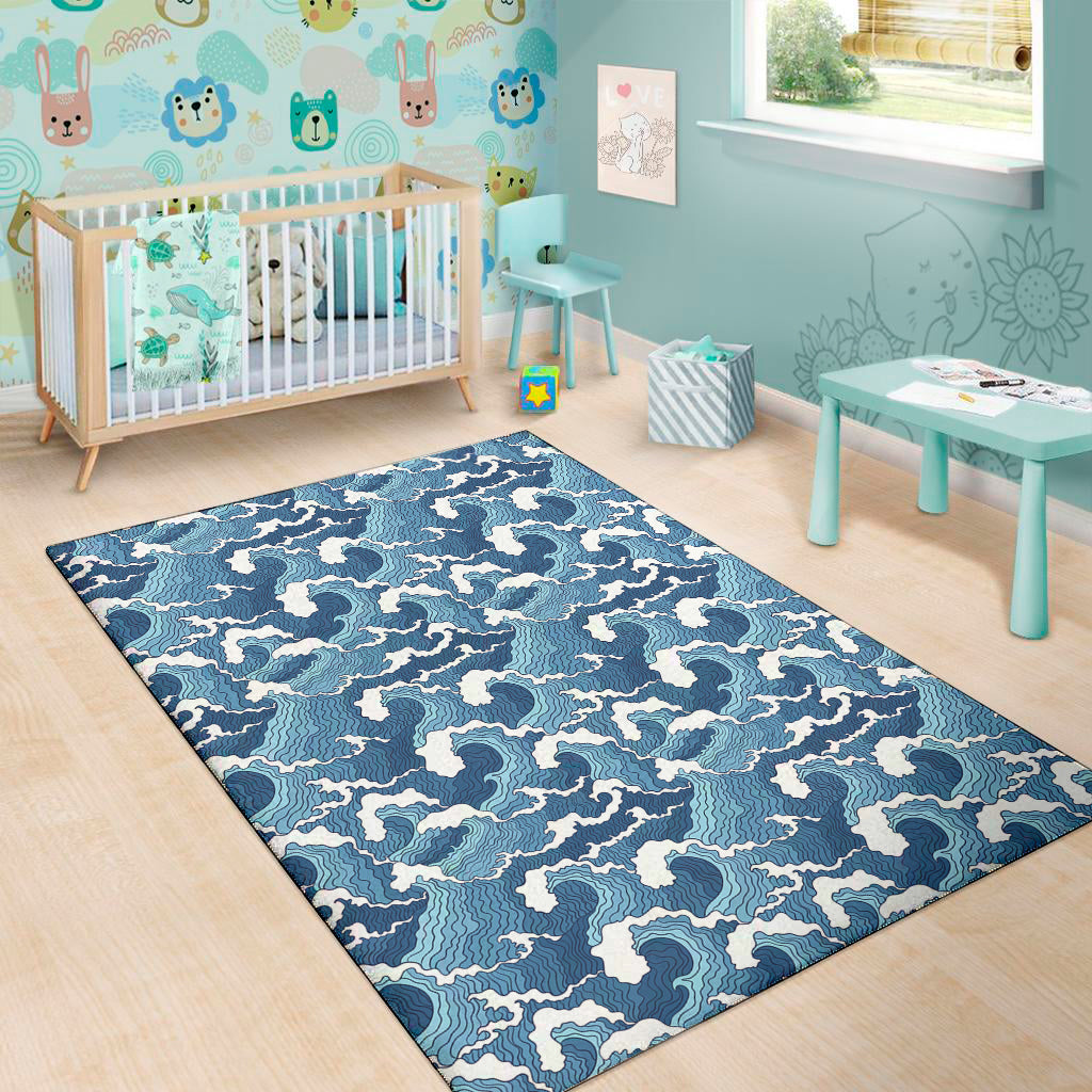 Blue Japanese Wave Pattern Print Area Rug