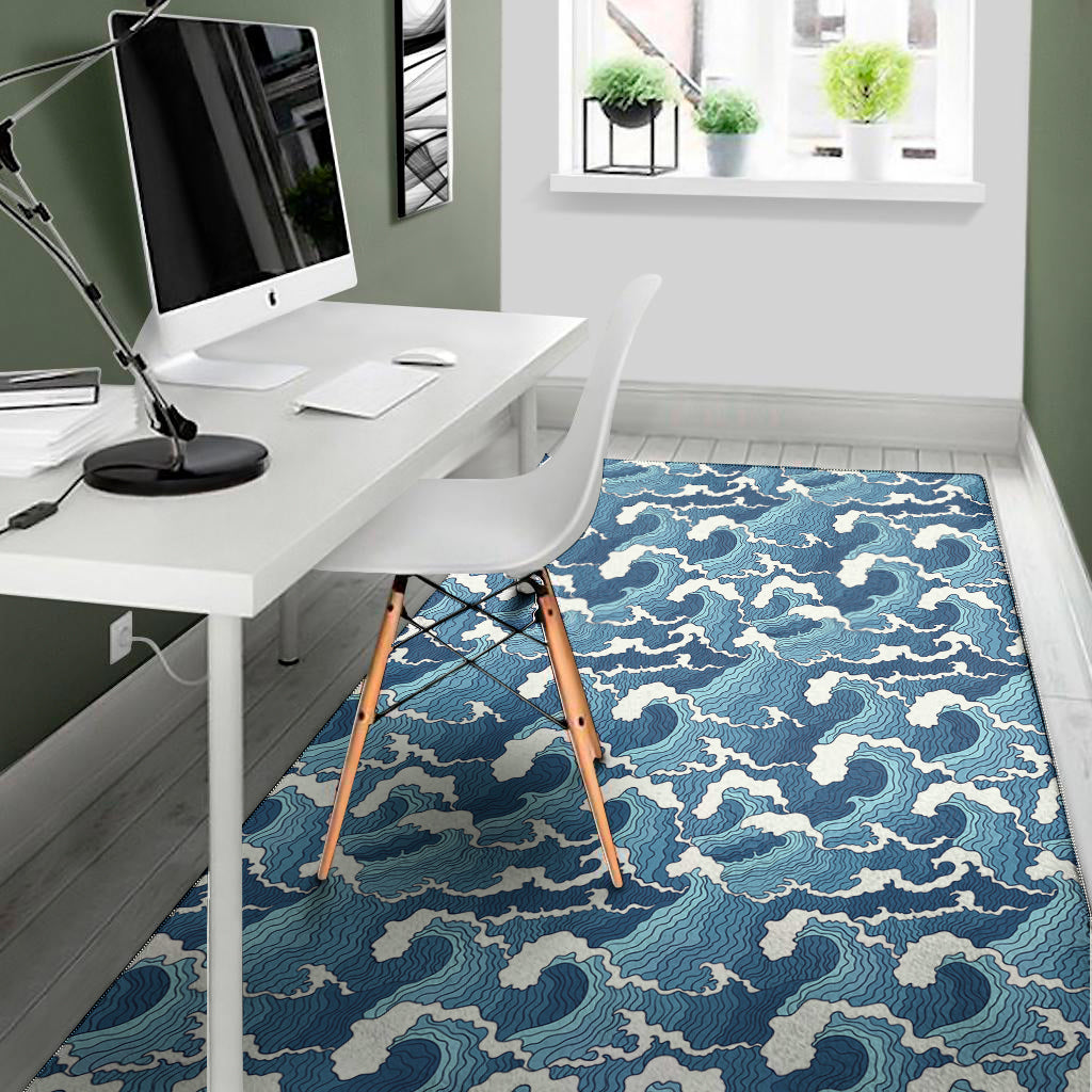 Blue Japanese Wave Pattern Print Area Rug