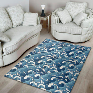 Blue Japanese Wave Pattern Print Area Rug