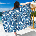 Blue Japanese Wave Pattern Print Beach Sarong Wrap