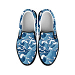 Blue Japanese Wave Pattern Print Black Slip On Shoes