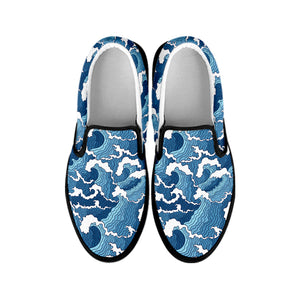 Blue Japanese Wave Pattern Print Black Slip On Shoes