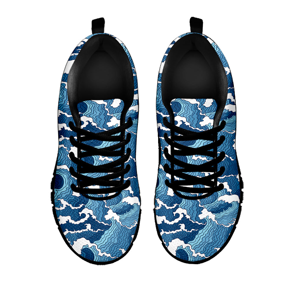 Blue Japanese Wave Pattern Print Black Sneakers