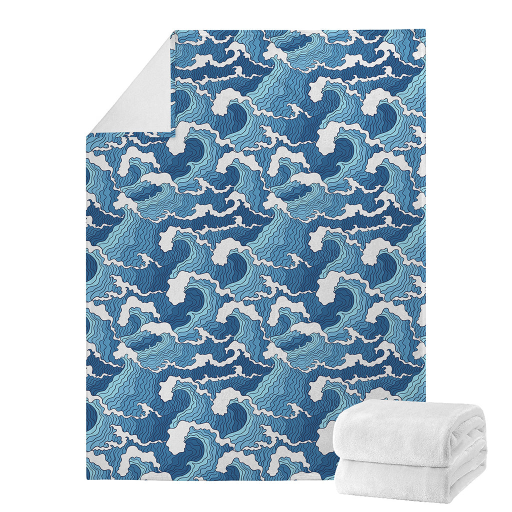 Blue Japanese Wave Pattern Print Blanket