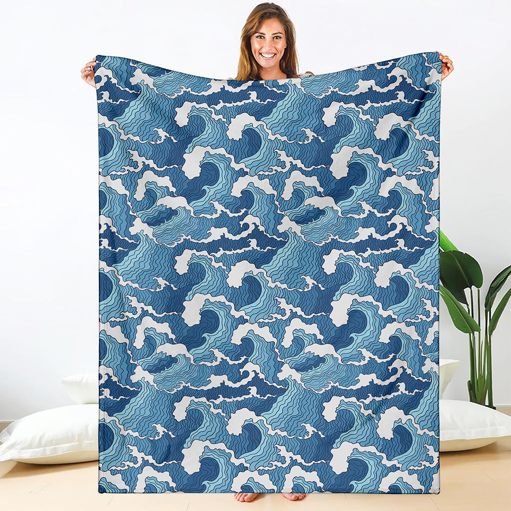 Blue Japanese Wave Pattern Print Blanket