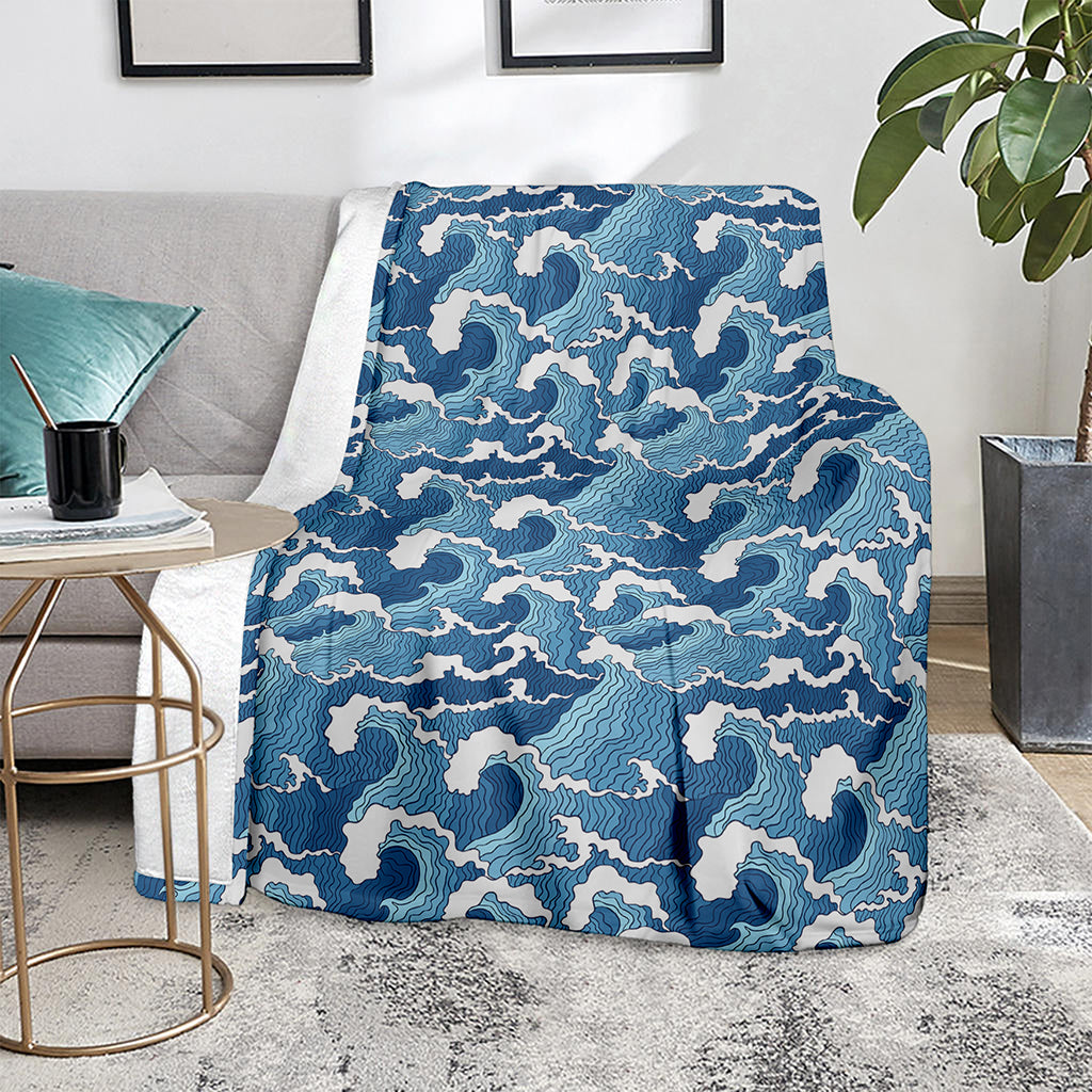 Blue Japanese Wave Pattern Print Blanket