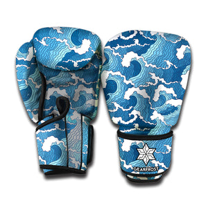 Blue Japanese Wave Pattern Print Boxing Gloves