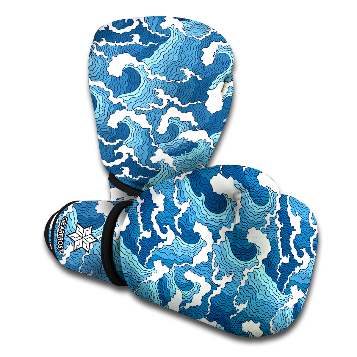 Blue Japanese Wave Pattern Print Boxing Gloves