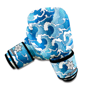 Blue Japanese Wave Pattern Print Boxing Gloves