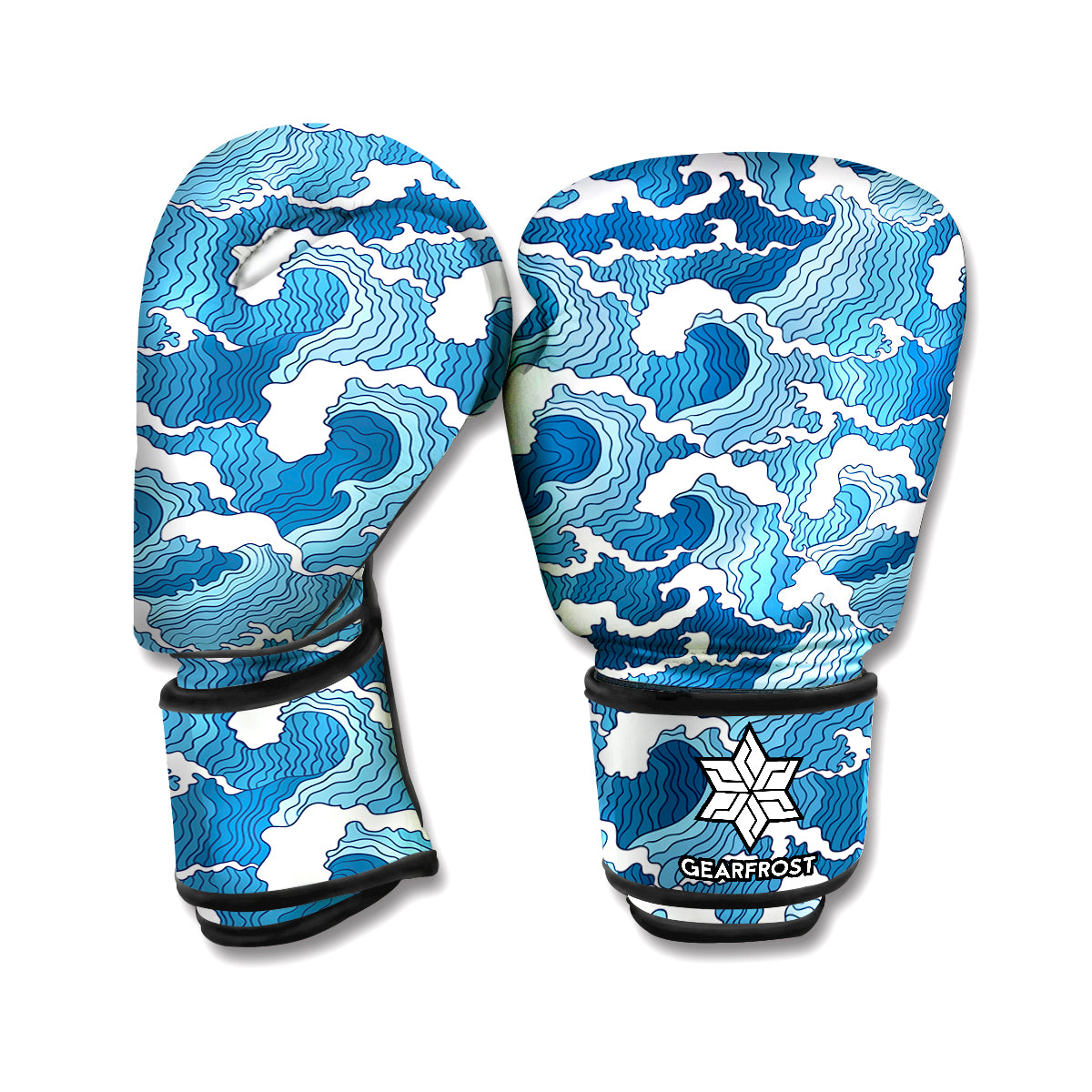 Blue Japanese Wave Pattern Print Boxing Gloves