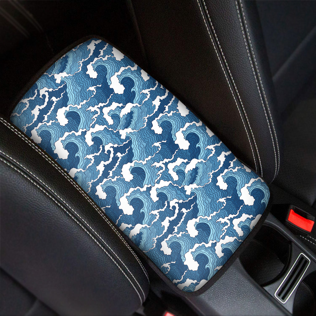 Blue Japanese Wave Pattern Print Car Center Console Cover