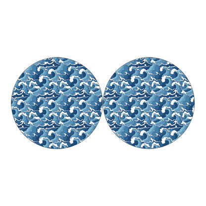 Blue Japanese Wave Pattern Print Car Coasters
