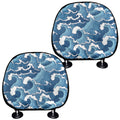 Blue Japanese Wave Pattern Print Car Headrest Covers