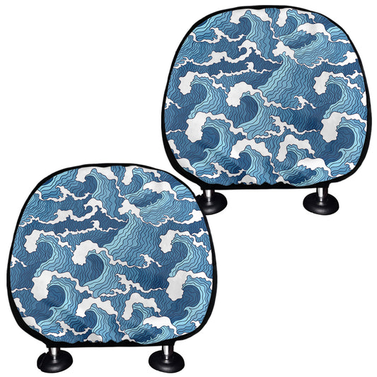Blue Japanese Wave Pattern Print Car Headrest Covers