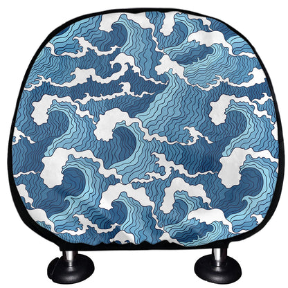 Blue Japanese Wave Pattern Print Car Headrest Covers