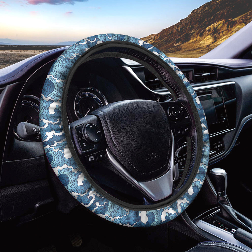 Blue Japanese Wave Pattern Print Car Steering Wheel Cover