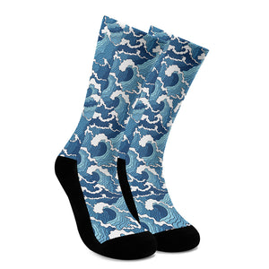 Blue Japanese Wave Pattern Print Crew Socks