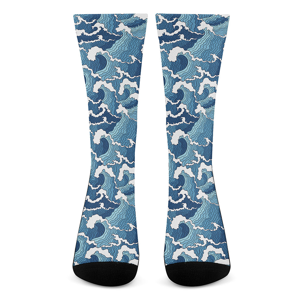 Blue Japanese Wave Pattern Print Crew Socks