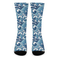 Blue Japanese Wave Pattern Print Crew Socks