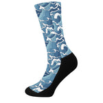 Blue Japanese Wave Pattern Print Crew Socks