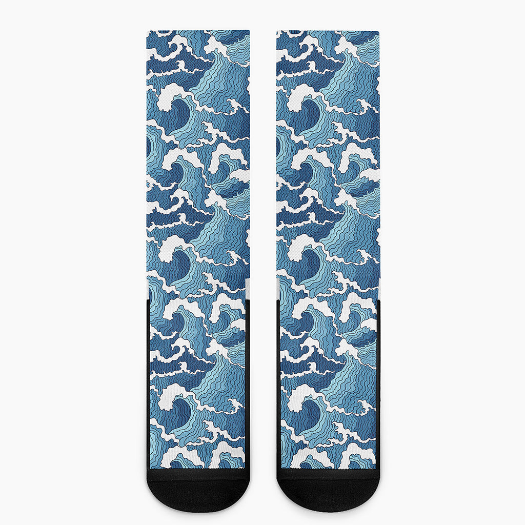 Blue Japanese Wave Pattern Print Crew Socks