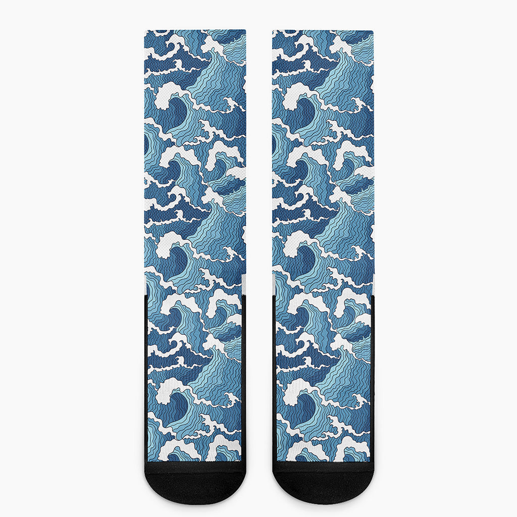 Blue Japanese Wave Pattern Print Crew Socks