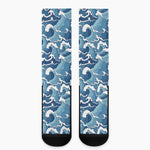 Blue Japanese Wave Pattern Print Crew Socks