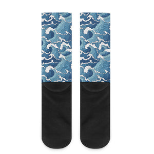 Blue Japanese Wave Pattern Print Crew Socks