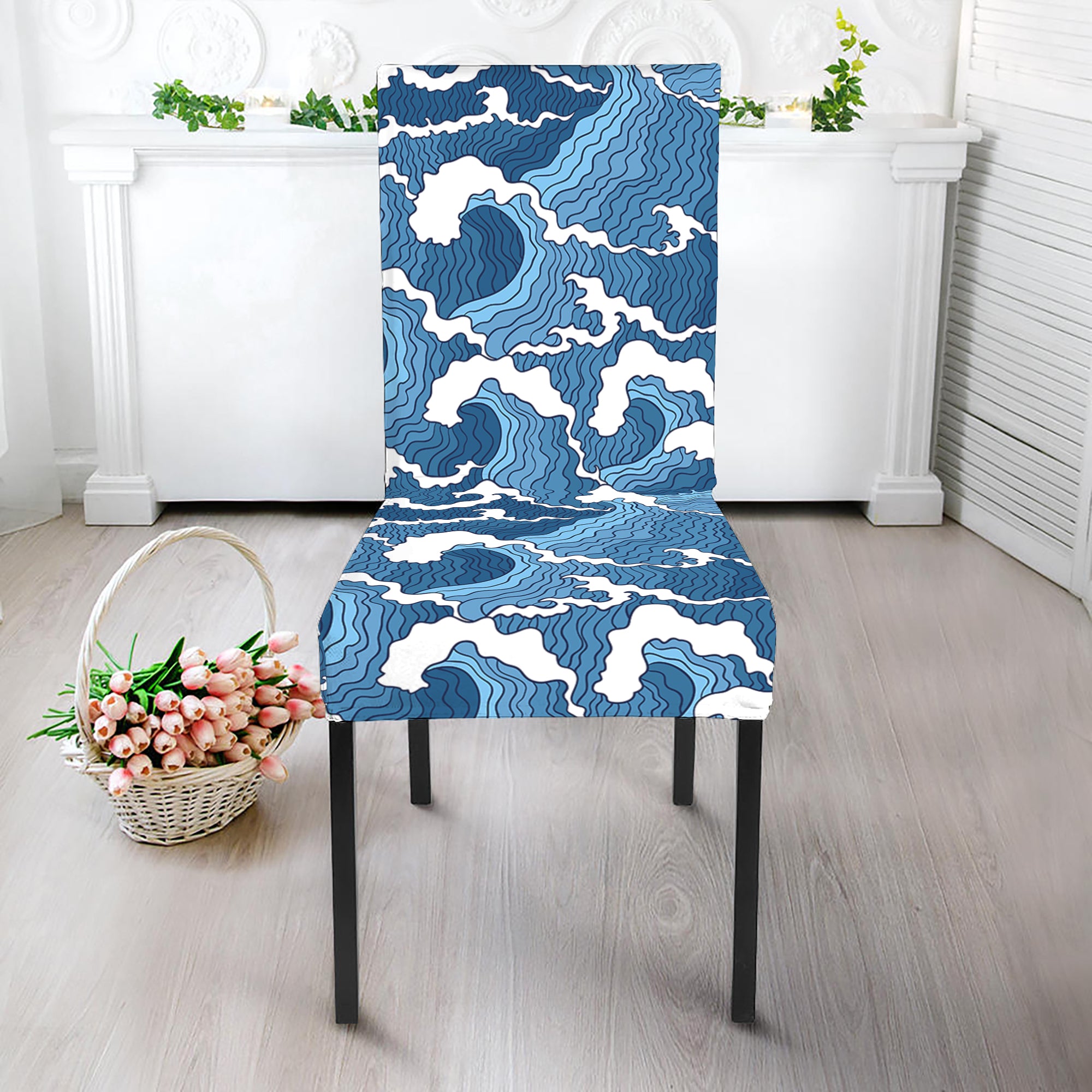 Blue Japanese Wave Pattern Print Dining Chair Slipcover