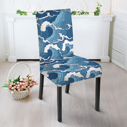 Blue Japanese Wave Pattern Print Dining Chair Slipcover